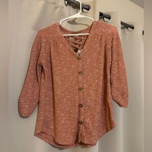 Peach colored v-neck 3/4 sleeve blouse